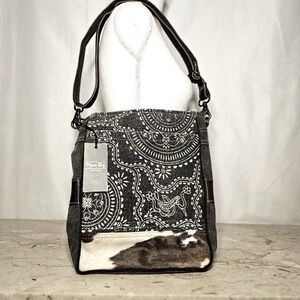 Myra Tribal Gray Denim & Brown Hair-on Leather Western Boho Shoulder Bag